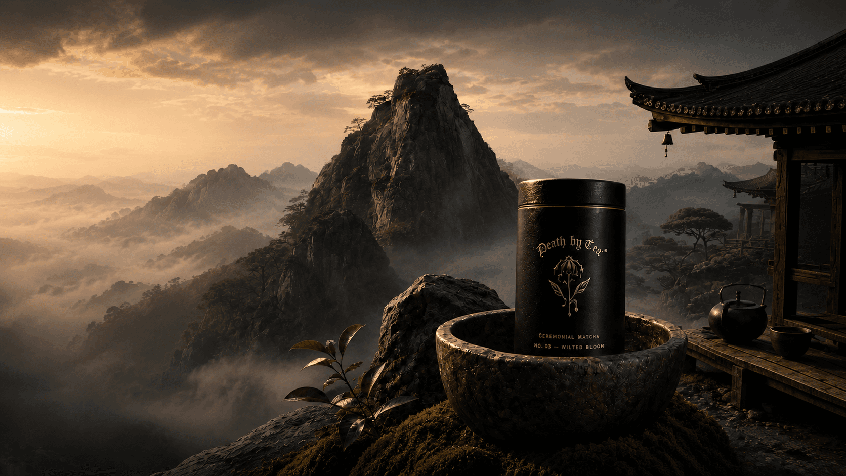 Death by Tea ceremonial matcha tin in a mountain ritual setting